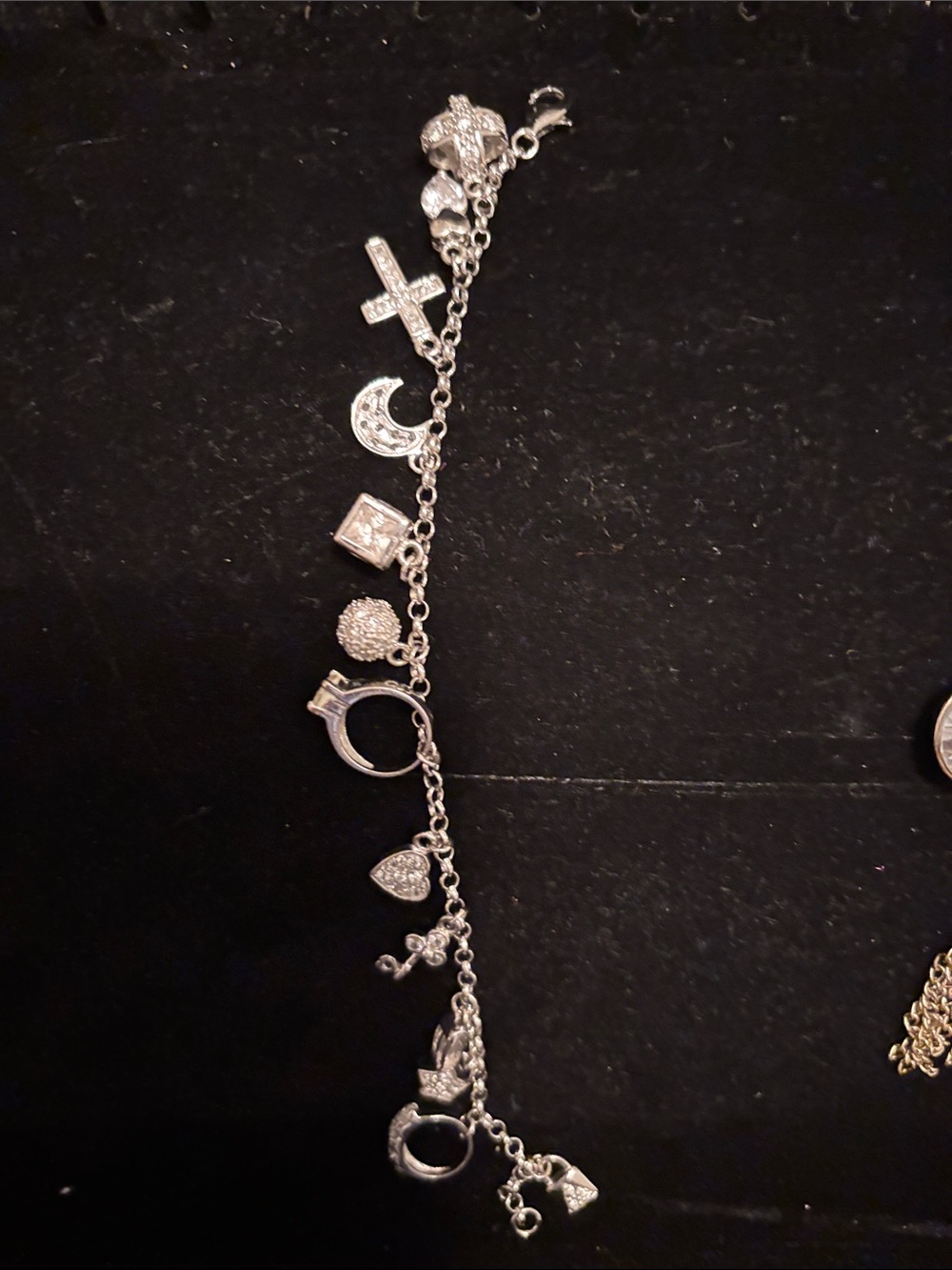 Unlisted Silver Charm Bracelet with Cross, Moon & Heart Charms - Silver